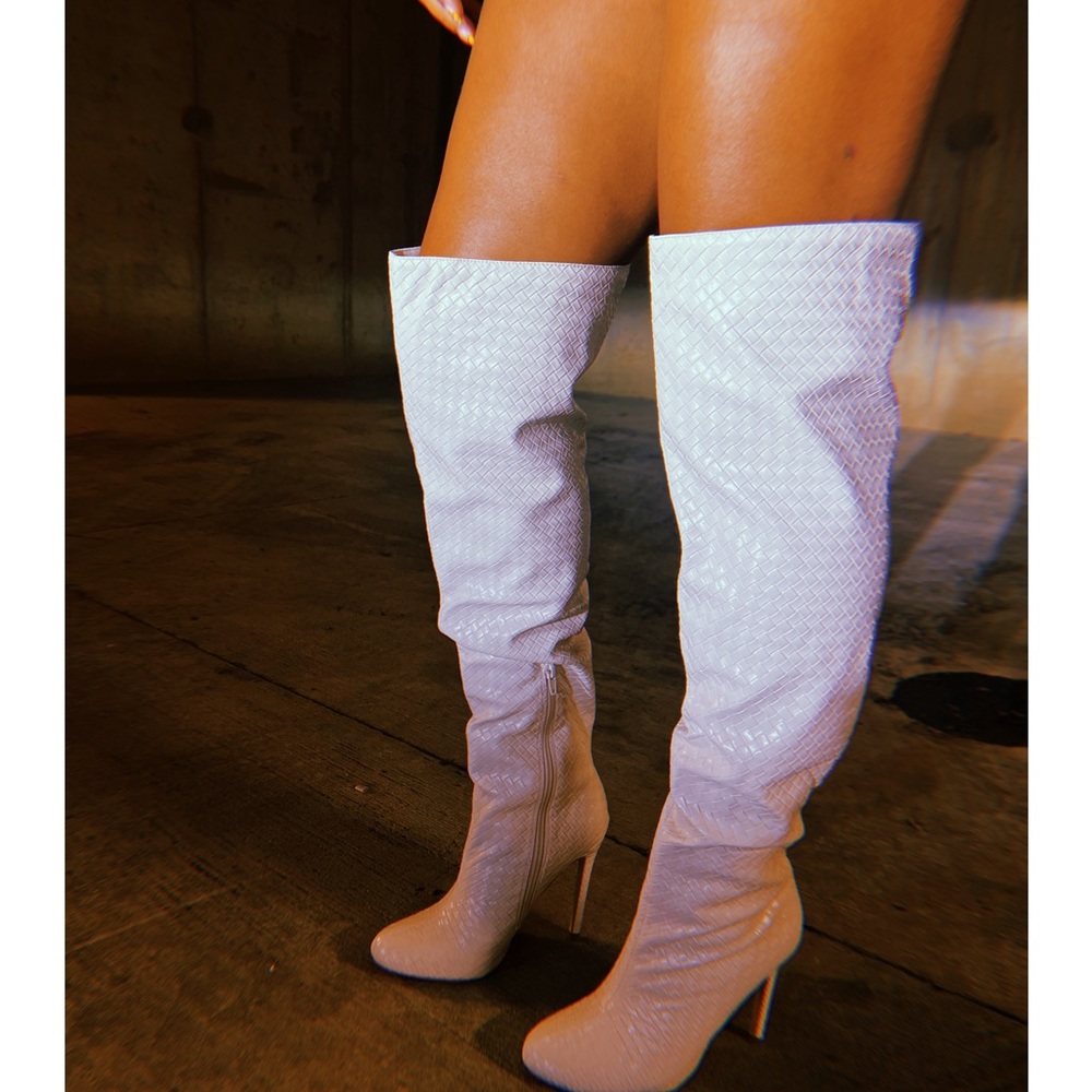 Off-white thigh high boot with woven detailed vegan leather and stilleto heel. - Picture 3 of 6